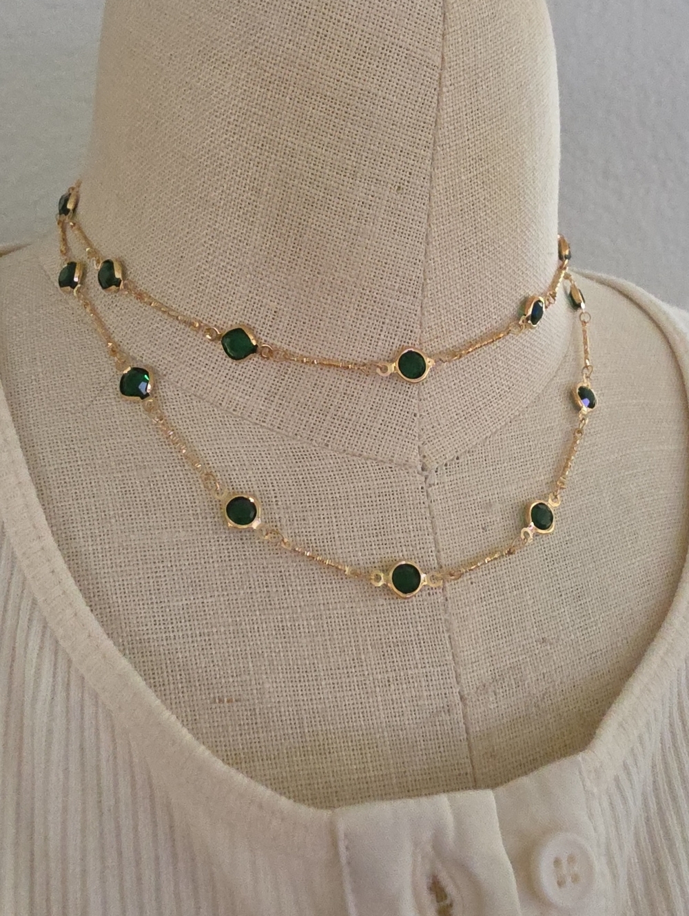 Double-Layer Gold Necklace with Emerald Green Stones